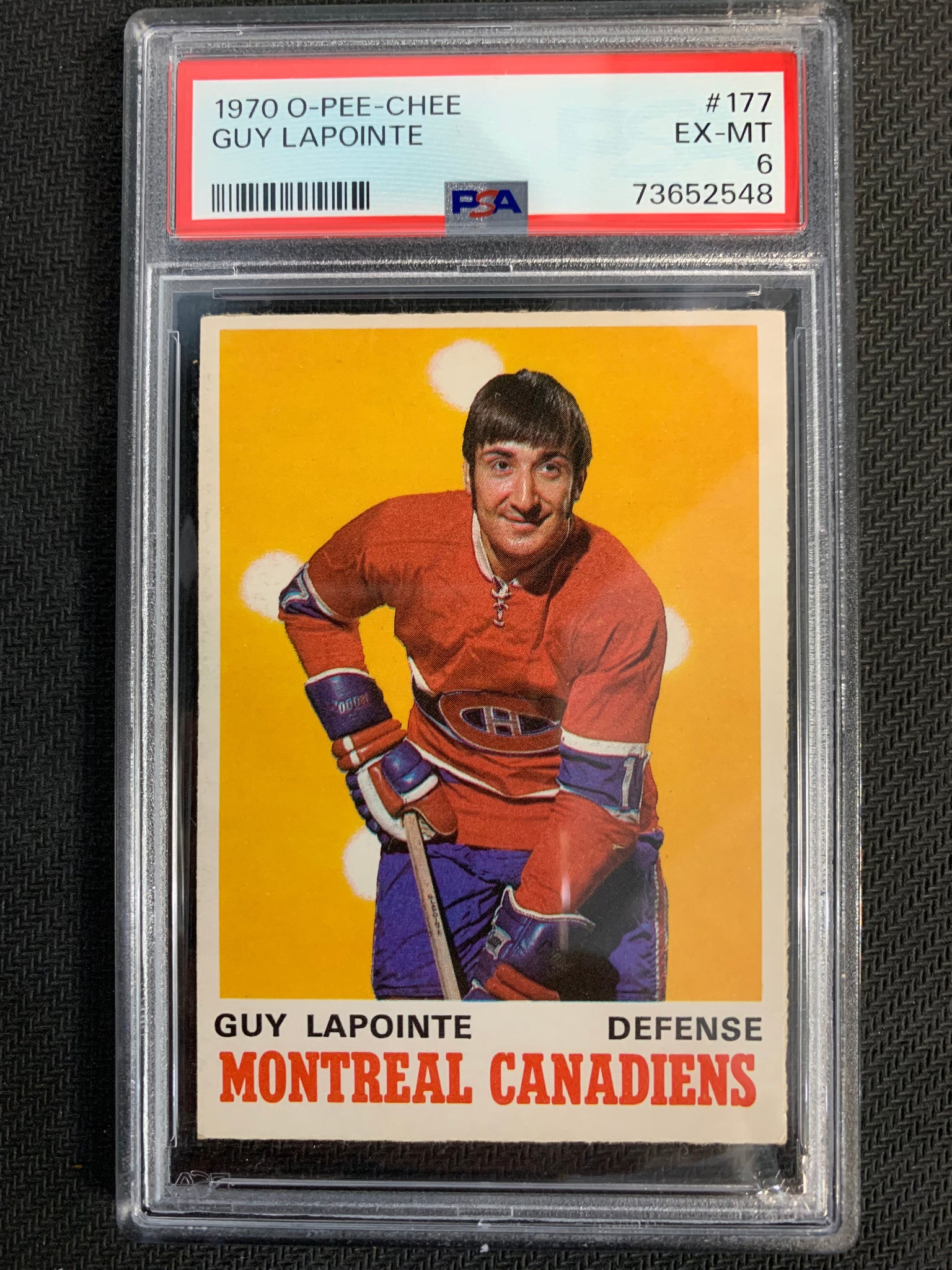 1970-71 O-PEE-CHEE HOCKEY #177 MONTREAL CANADIENS - GUY LAPOINTE ROOKIE CARD GRADED PSA 6 EX-MT