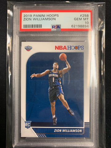 2019 PANINI NBA HOOPS BASKETBALL #258 NEW ORLEANS PELICANS - ZION WILLIAMSON ROOKIE CARD GRADED PSA 10 GEM MINT