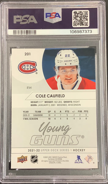 2021-22 UPPER DECK S1 HOCKEY #201 MONTREAL CANADIENS - COLE CAUFIELD YOUNG GUNS ROOKIE CARD GRADED PSA 9 MINT