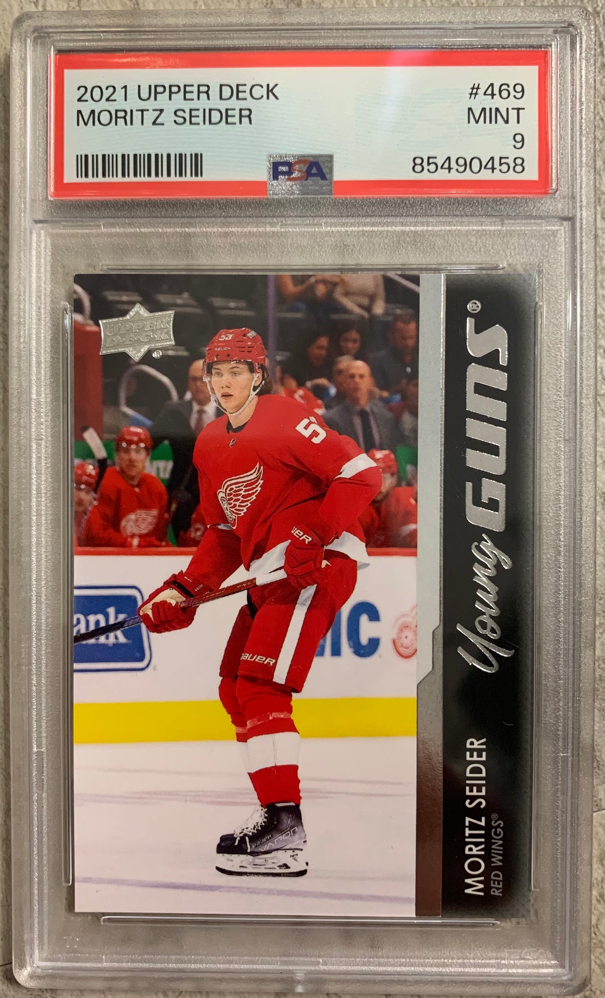 2021-22 UPPER DECK SERIES 2 HOCKEY #469 DETROIT RED WINGS - MORITZ SEIDER YOUNG GUNS ROOKIE GRADED PSA 9 MINT