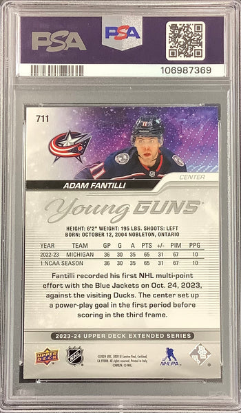 2023-24 UPPER DECK HOCKEY #711 COLUMBUS BLUE JACKETS  - ADAM FANTILLI YOUNG GUNS ROOKIE GRADED PSA 9 MINT
