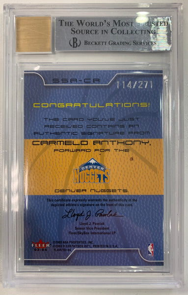 2003-04 FLEER FLAIR BASKETBALL #SSA-CA - CARMELO ANTHONY SWEET SWATCH ROOKIE AUTO #'D 114/271 GRADED BGS 9 MINT