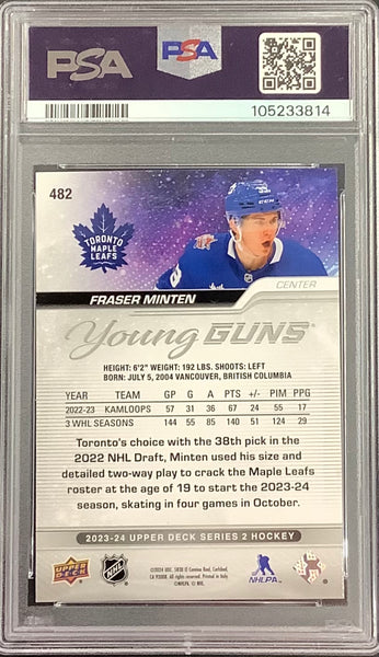 2023-24 UPPER DECK HOCKEY #482 TORONTO MAPLE LEAFS - FRASER MINTEN YOUNG GUNS ROOKIE CARD GRADED PSA 10 GEM MINT