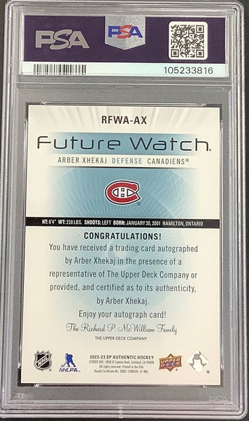 2022-23 UD SP AUTHENTIC HOCKEY #RFWAAX MONTREAL CANADIENS - ARBER XHEKAJ 2012 RETRO FWA GRADED PSA 10 GEM MINT