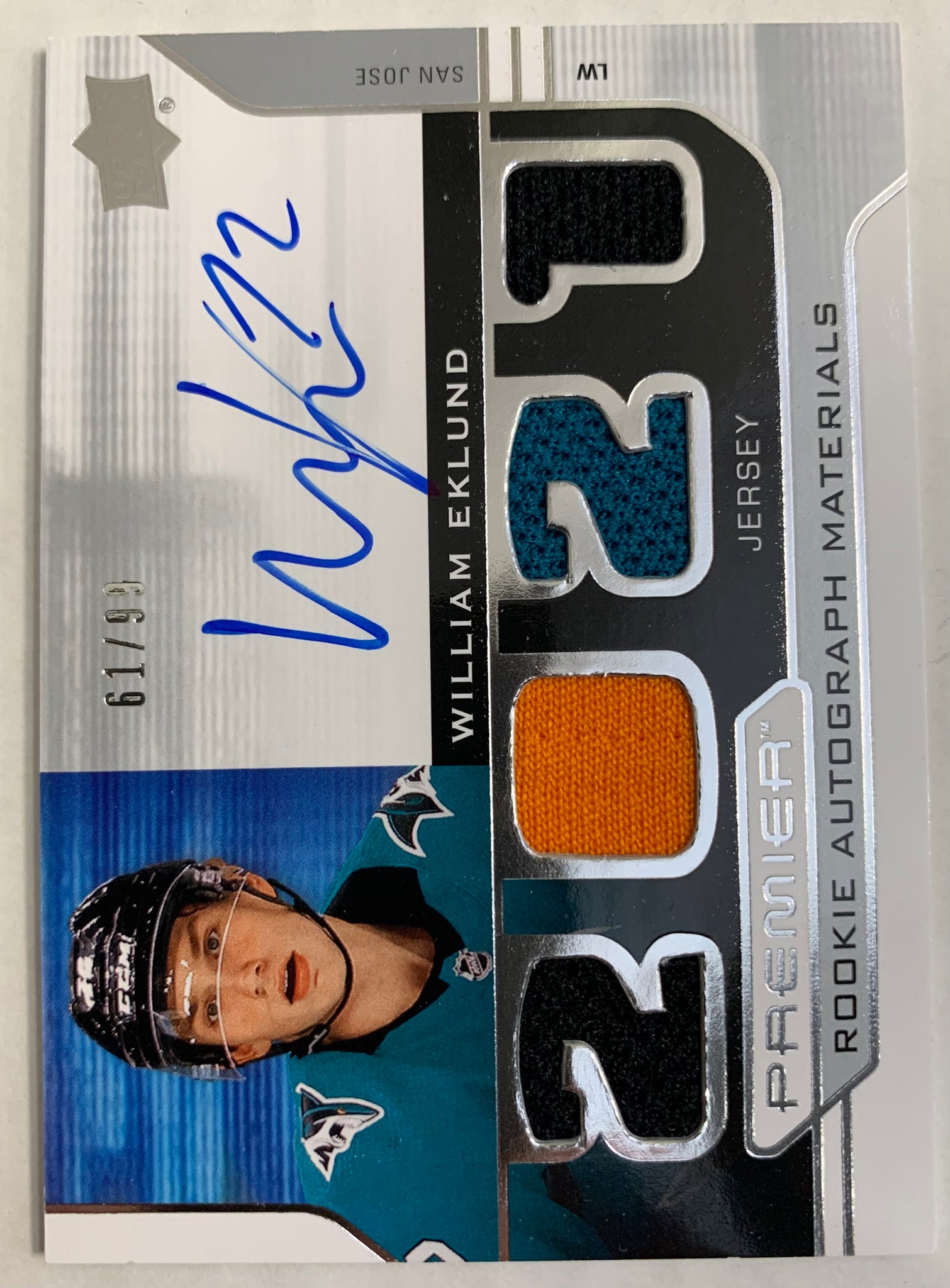 2021-22 UPPER DECK PREMIER HOCKEY #PRA-WE SAN JOSE SHARKS - WILLIAM EKLUND ROOKIE AUTOGRAPH MATERIALS #'D 61/99