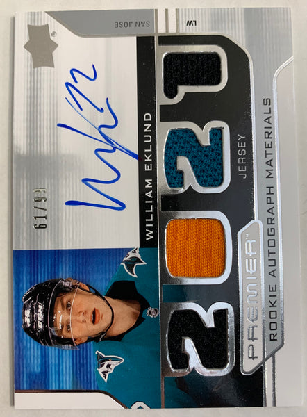 2021-22 UPPER DECK PREMIER HOCKEY #PRA-WE SAN JOSE SHARKS - WILLIAM EKLUND ROOKIE AUTOGRAPH MATERIALS #'D 61/99