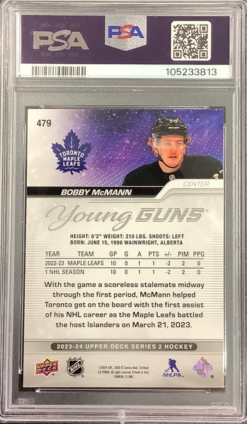 2023-24 UPPER DECK HOCKEY #479 TORONTO MAPLE LEAFS - BOBBY MCMANN YOUNG GUNS ROOKIE CARD GRADED PSA 9 MINT