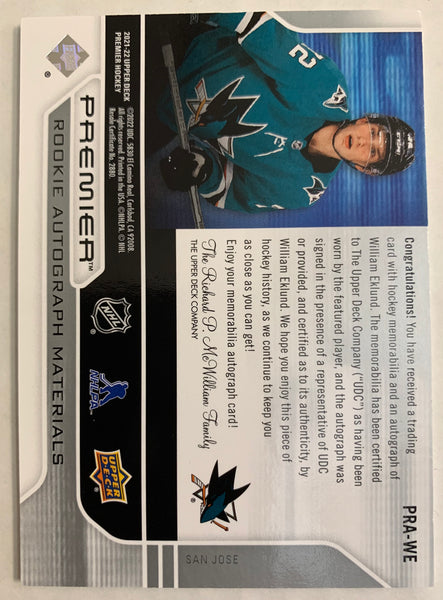 2021-22 UPPER DECK PREMIER HOCKEY #PRA-WE SAN JOSE SHARKS - WILLIAM EKLUND ROOKIE AUTOGRAPH MATERIALS #'D 61/99