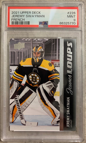 2021-22 UPPER DECK S1 HOCKEY #226 BOSTON BRUINS - JEREMY SWAYMAN YOUNG GUNS FRENCH ROOKIE GRADED PSA 9 MINT