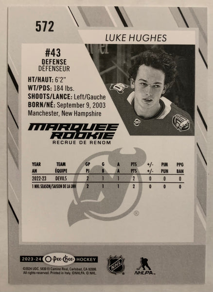 2023-24 UD O-PEE-CHEE HOCKEY #572 NEW JERSEY DEVILS - LUKE HUGHES MARQUEE ROOKIE SP VARIANT