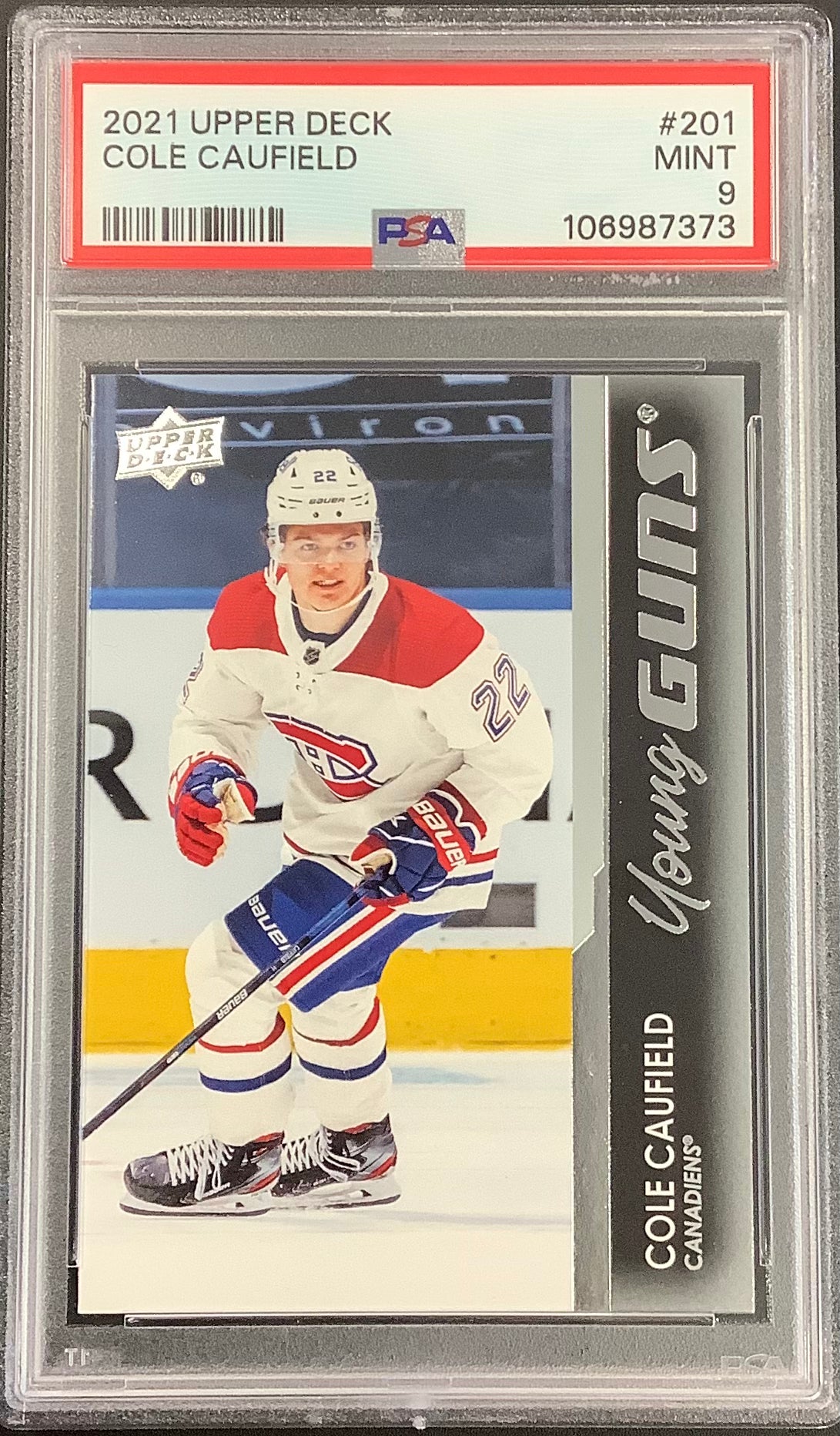 2021-22 UPPER DECK S1 HOCKEY #201 MONTREAL CANADIENS - COLE CAUFIELD YOUNG GUNS ROOKIE CARD GRADED PSA 9 MINT