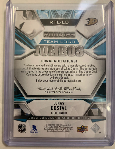 2022-23 UD BLACK DIAMOND HOCKEY #RTL-LD ANAHEIM DUCKS - LUKAS DOSTAL TEAM LOGO JUMBOS ROOKIE AUTO PATCH #'D 09/10