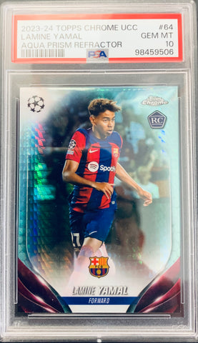 2023-24 TOPPS CHROME UEFA CHAMPIONS LEAGUE SOCCER #64 FC BARCELONA - LAMINE YAMAL AQUA PRISM REFRACTOR ROOKIE GRADED PSA 10 GEM MINT