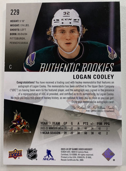 2023-24 UD SP GAME USED HOCKEY #229 ARIZONA COYOTES - LOGAN COOLEY AUTHENTIC ROOKIES PATCH AUTO #'D 01/25