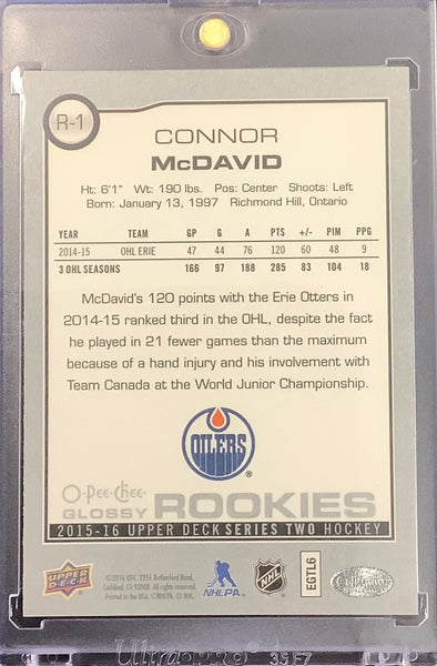 2015-16 UD OPC HOCKEY #R-1 EDMONTON OILERS - CONNOR MCDAVID O-PEE-CHEE GLOSSY ROOKIES ROOKIE CARD - MINT