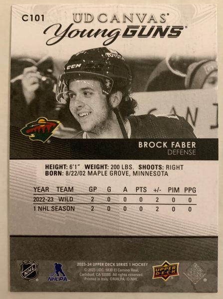 2023-24 UPPER DECK SERIES 1 HOCKEY #C101 MINNESOTA WILD - BROCK FABER BLACK CANVAS YOUNG GUNS ROOKIE