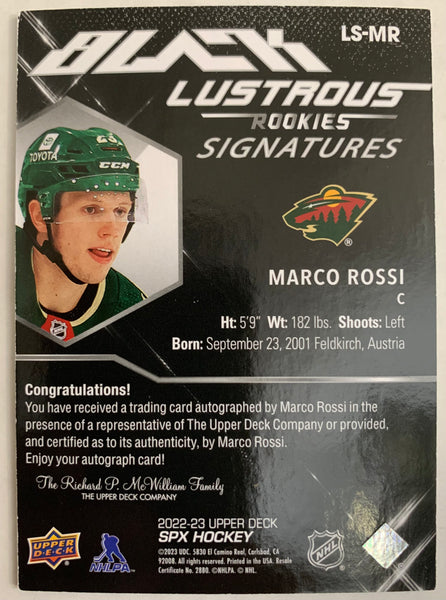 2022-23 UPPER DECK SPX HOCKEY #LS-MR MINNESOTA WILD - MARCO ROSSI BLACK LUSTROUS GOLD INK ROOKIE SIGNATURES #'D 18/25