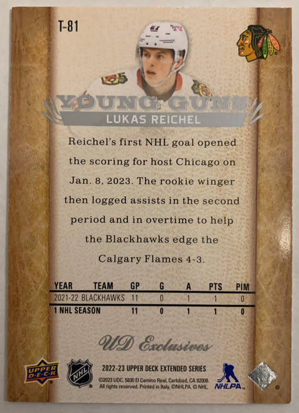 2022-23 UPPER DECK EXTENDED HOCKEY #T-81 CHICAGO BLACKHAWKS - LUKAS REICHEL RETRO YOUNG GUNS EXCLUSIVES #'D 074/100