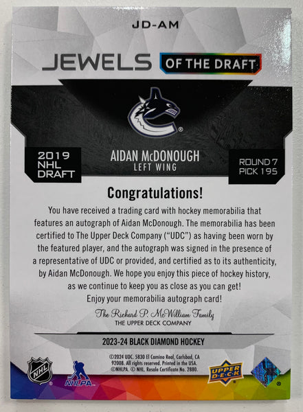 2023-24 UD BLACK DIAMOND HOCKEY #JD-AM VANCOUVER CANUCKS - AIDAN MCDONOUGH JEWELS OF THE DRAFT ROOKIE AUTO PATCH #'D 24/99