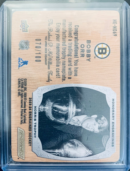2023-24 UD ENGRAINED HOCKEY #HE-NO69 BOSTON BRUINS - BOBBY ORR HONORARY ENGRAVINGS NORRIS TROPHY #D 070/100
