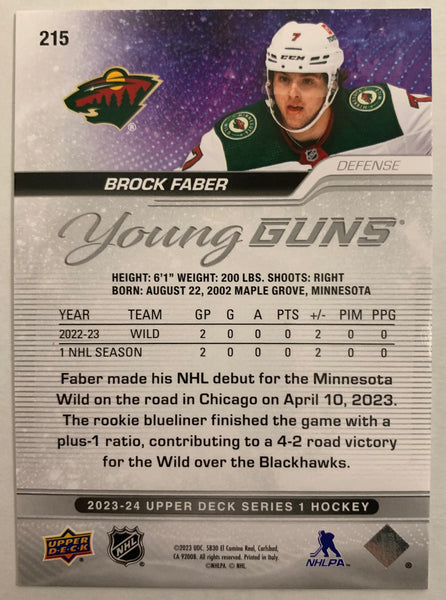 2023-24 UPPER DECK SERIES 1 HOCKEY #215 MINNESOTA WILD - BROCK FABER YOUNG GUNS ROOKIE