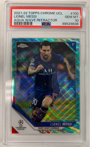 2021-22 TOPPS CHROME UEFA CHAMPIONS LEAGUE SOCCER #100 PSG - LIONEL MESSI AQUA WAVE #'D 082/199 GRADED PSA 10 GEM MINT