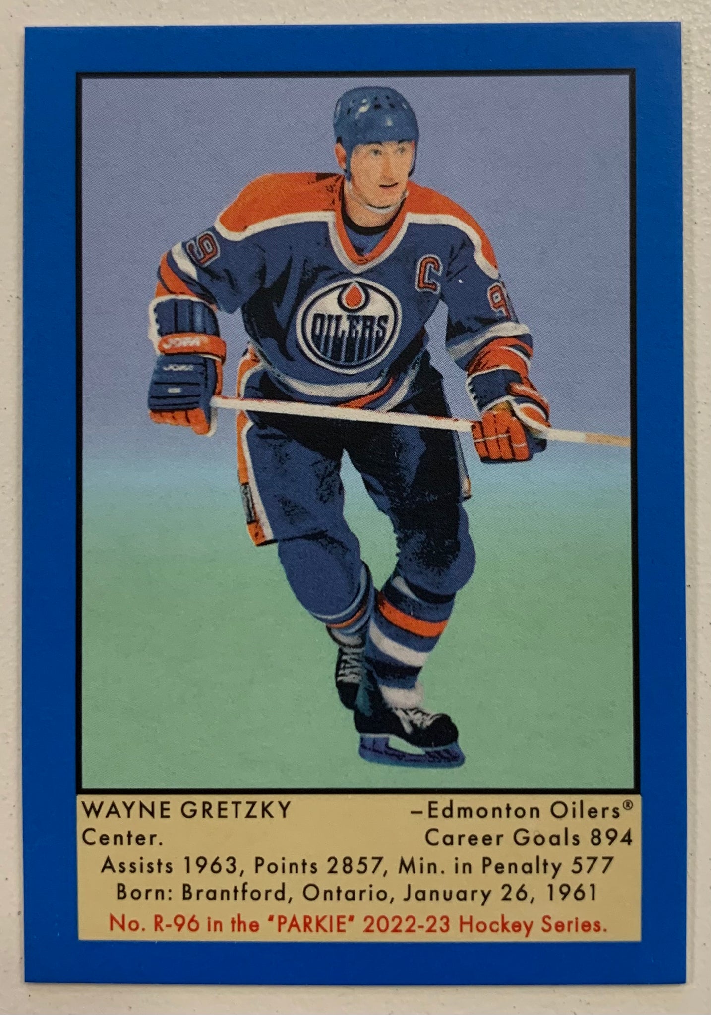 2022-23 UD PARKHURST CHAMPIONS HOCKEY - EDMONTON OILERS - WAYNE GRETZKY MINI PARKIE BLUE BORDER SP PARALLEL