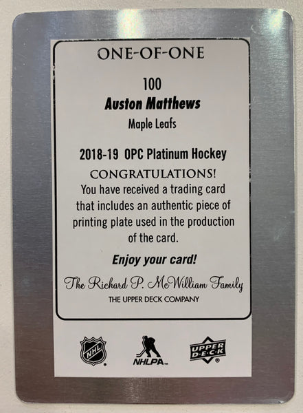 2018-19 UD O-PEE-CHEE PLATINUM HOCKEY #100 TORONTO MAPLE LEAFS - AUSTON MATTHEWS ONE-OF-ONE PRINTING PLATE