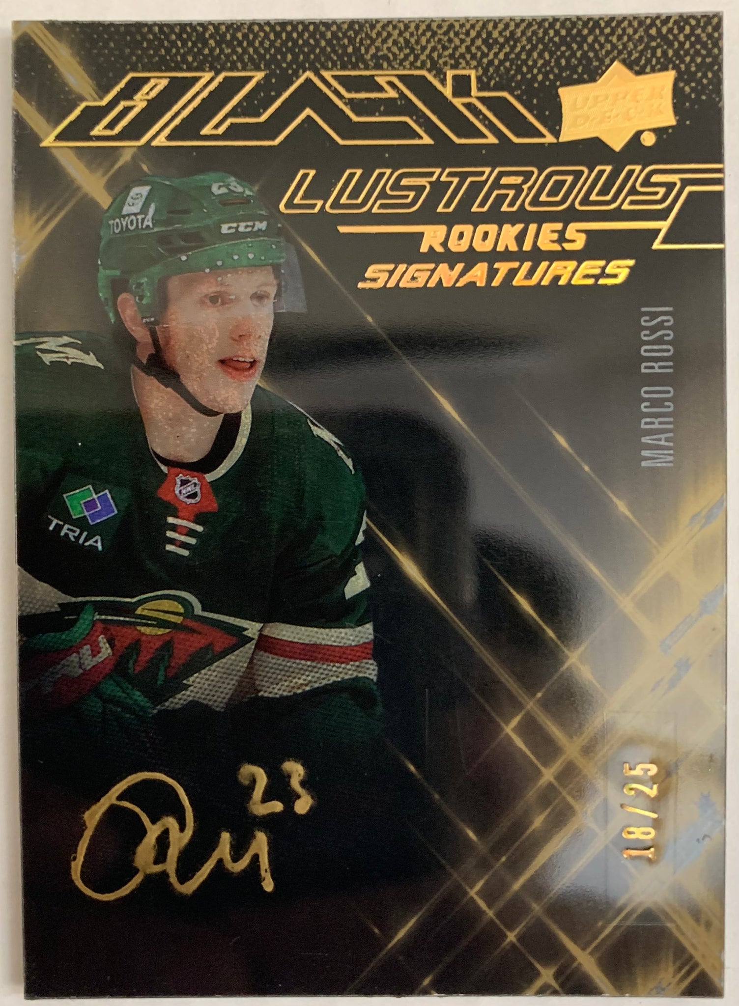 2022-23 UPPER DECK SPX HOCKEY #LS-MR MINNESOTA WILD - MARCO ROSSI BLACK LUSTROUS GOLD INK ROOKIE SIGNATURES #'D 18/25