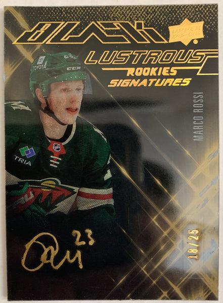 2022-23 UPPER DECK SPX HOCKEY #LS-MR MINNESOTA WILD - MARCO ROSSI BLACK LUSTROUS GOLD INK ROOKIE SIGNATURES #'D 18/25