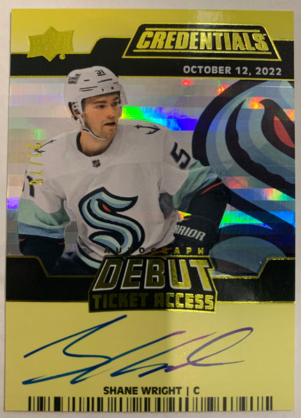 2022-23 UPPER DECK CREDENTIALS HOCKEY #DTAA-SA SEATTLE KRAKEN  - SHANE WRIGHT DEBUT TICKET YELLOW ROOKIE AUTO #'D 21/75