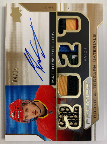 2021-22 UPPER DECK PREMIER HOCKEY #PRA-MP CALGARY FLAMES - MATTHEW PHILLIPS ROOKIE AUTOGRAPH MATERIALS #'D 04/15