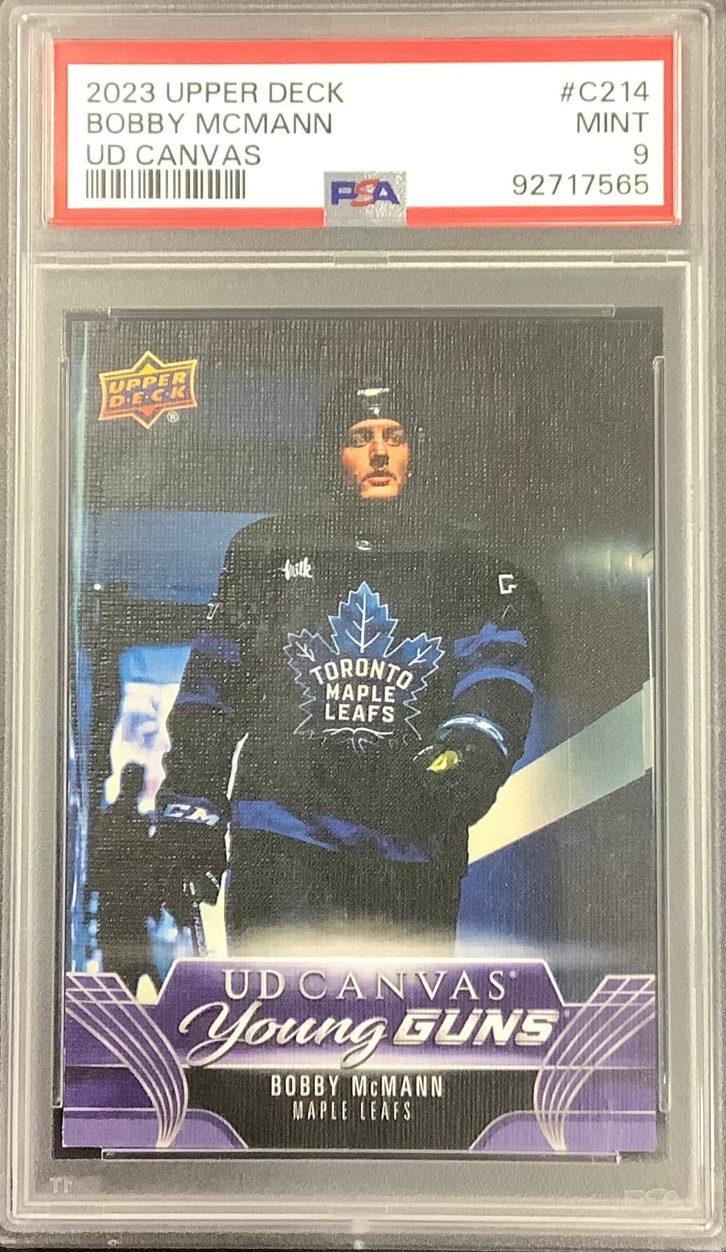 2023-24 UPPER DECK HOCKEY #C214 TORONTO MAPLE LEAFS - BOBBY MCMANN CANVAS YOUNG GUNS ROOKIE CARD GRADED PSA 9 MINT