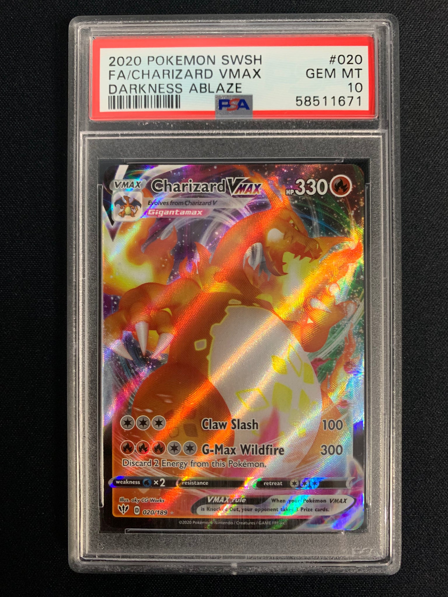 POKEMON DARKNESS ABLAZE CHARIZARD VMAX FULL ART RARE - 020/189 - GRADED PSA 10 GEM MINT
