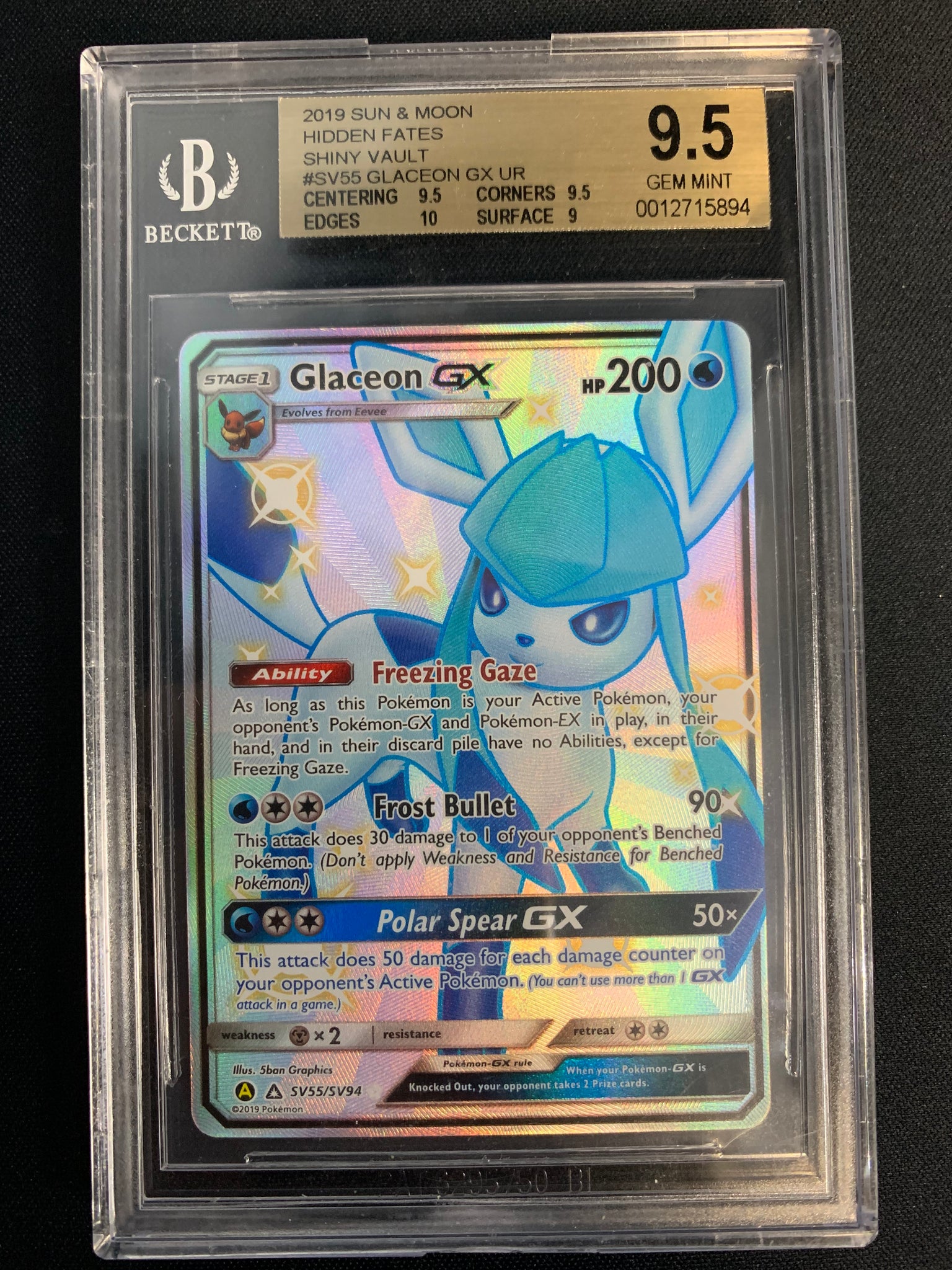 2019 POKEMON S & M HIDDEN FATES GLACEON GX FULL ART RARE SV55/SV94 - GRADED BGS 9.5 GEM MINT