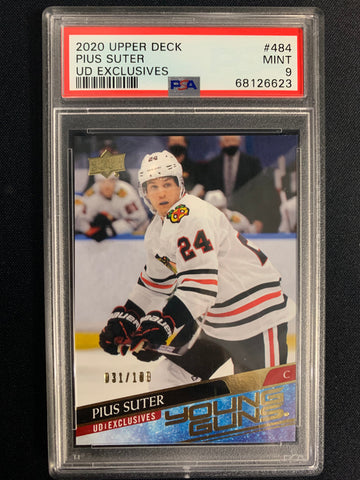 2020-21 UPPER DECK S2 HOCKEY #484 VANCOUVER CANUCKS - PIUS SUTER EXCLUSIVES YOUNG GUNS ROOKIE 031/100 GRADED PSA 9 MINT