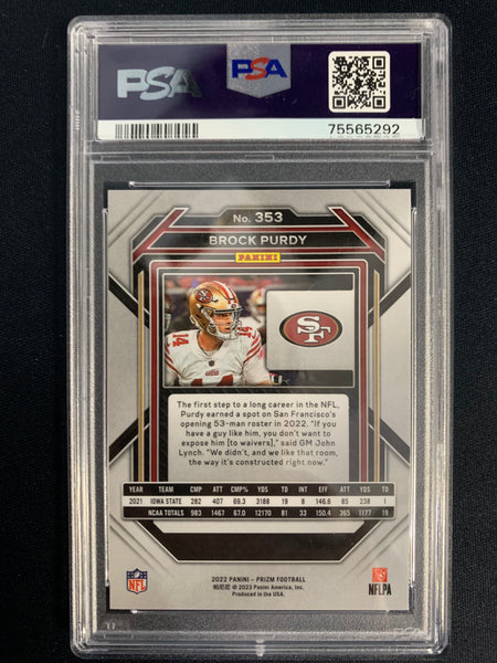 2022 PANINI PRIZM FOOTBALL #353 SAN FRANCISCO 49ERS - BROCK PURDY PRIZM ROOKIE GRADED PSA 10 GEM MINT