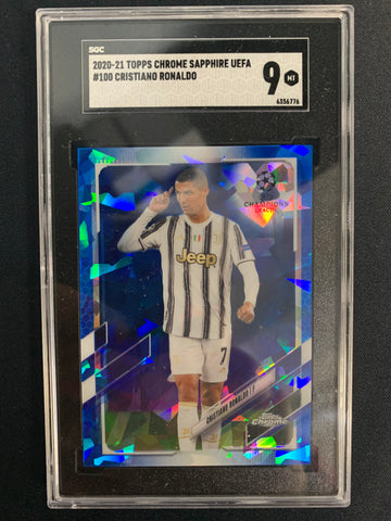 2020-21 TOPPS CHROME SAPPHIRE UEFA SOCCER #100 CRISTIANO RONALDO BLUE CRACKED ICE - JUVENTUS - GRADED SGC 9 MT