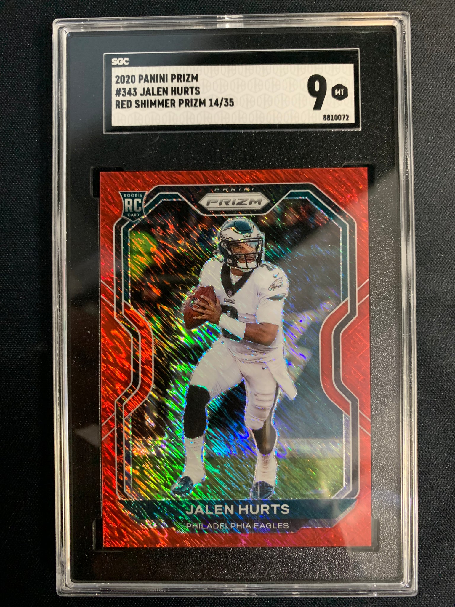 2020 PANINI PRIZM FOOTBALL #343 PHILADELPHIA EAGLES -JALEN HURTS RED SHIMMER PRIZM 14/35 GRADED SCG 9 MINT