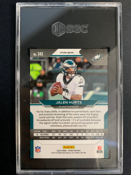 2020 PANINI PRIZM FOOTBALL #343 PHILADELPHIA EAGLES -JALEN HURTS RED SHIMMER PRIZM 14/35 GRADED SCG 9 MINT