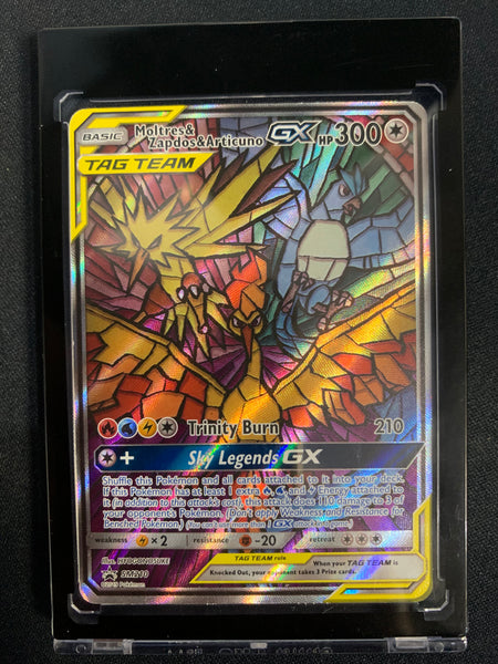 2019 POKEMON SUN & MOON HIDDEN FATES MOLTRES & ZAPDOS & ATRICUNO GX STAINED GLASS BLACK STAR PROMO SM210 - MINT