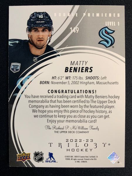 2022-23 UPPER DECK TRILOGY HOCKEY #149 SEATTLE KRAKEN - MATTY BENIERS ROOKIE PREMIERES PATCH ROOKIE #'D 081/499