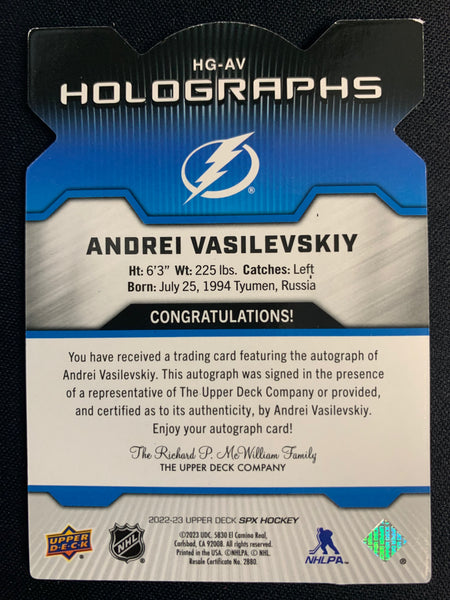 2022-23 UPPER DECK SPX HOCKEY #HG-AV TAMPA BAY LIGHTNING - ANDREI VASILEVSKIY HOLOGRAPHS AUTO #'D 18/25