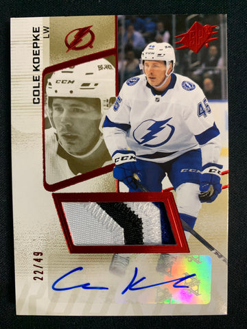 2022-23 UPPER DECK SPX #184 TAMPA BAY LIGHTNING - COLE KOEPKE ROOKIE PATCH AUTO #'D 22/49