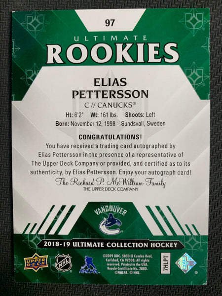 2018-19 UPPER DECK ULTIMATE HOCKEY #97 VANCOUVER CANUCKS - ELIAS PETTERSSON ROOKIE SIGNATURES #'D 71/99