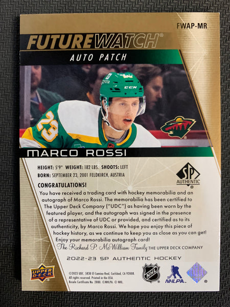 2022-23 UPPER DECK SP AUTHENTIC #FWAP-MR MINNESOTA WILD - MARCO ROSSI FUTURE WATCH ROOKIE AUTO PATCH #'D 015/100