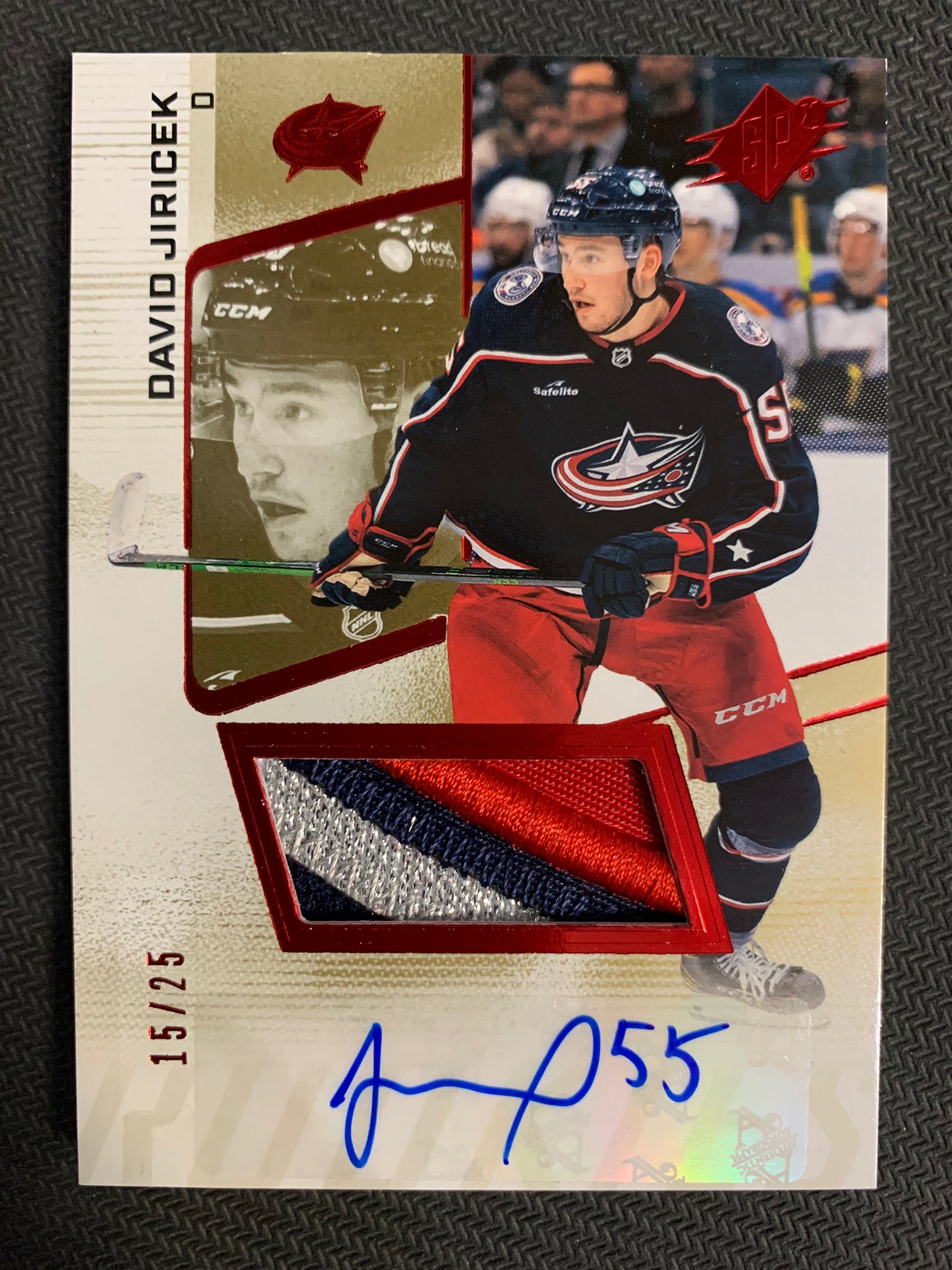 2022-23 UPPER DECK SPX HOCKEY #190 COLUMBUS BLUE JACKETS - DAVID JIRICEK ROOKIE PATCH AUTO #'D 15/25