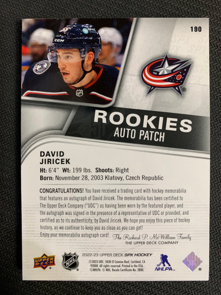 2022-23 UPPER DECK SPX HOCKEY #190 COLUMBUS BLUE JACKETS - DAVID JIRICEK ROOKIE PATCH AUTO #'D 15/25