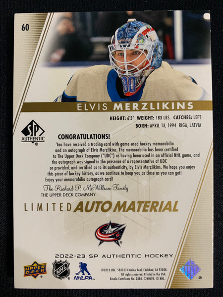 2022-23 UPPER DECK SP AUTHENTIC #60 COLUMBUS BLUE JACKETS - ELVIS MERZLIKINS LIMITED AUTO MATERIAL 097/100