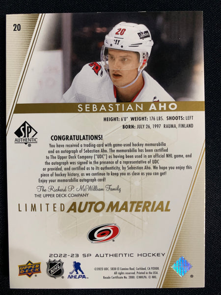 2022-23 UPPER DECK SP AUTHENTIC #20 CAROLINA HURRICANES - SEBASTIAN AHO LIMITED AUTO MATERIAL 029/050